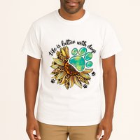 Life Is Better With Dogs’ Sublimation Featuring Dog Paws & Western Sunflowers Tall T-Shirt