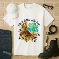 Life Is Better With Dogs’ Sublimation Featuring Dog Paws & Western Sunflowers Tall T-Shirt