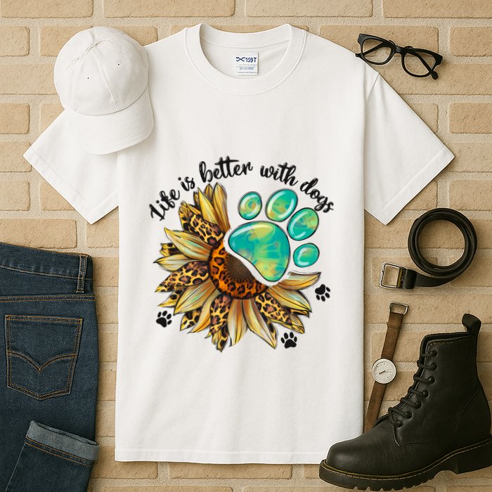 Life Is Better With Dogs’ Sublimation Featuring Dog Paws & Western Sunflowers Tall T-Shirt