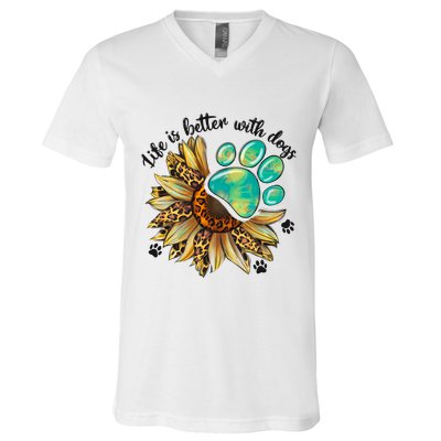 Life Is Better With Dogs’ Sublimation Featuring Dog Paws & Western Sunflowers V-Neck T-Shirt