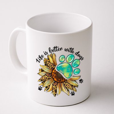 Life Is Better With Dogs’ Sublimation Featuring Dog Paws & Western Sunflowers Mug