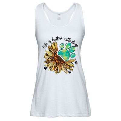 Life Is Better With Dogs’ Sublimation Featuring Dog Paws & Western Sunflowers Ladies Essential Flowy Tank