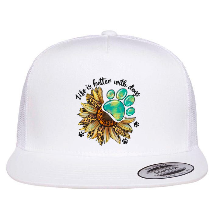 Life Is Better With Dogs’ Sublimation Featuring Dog Paws & Western Sunflowers Flatbill Hat