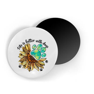 Life Is Better With Dogs’ Sublimation Featuring Dog Paws & Western Sunflowers Magnet