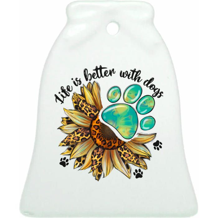 Life Is Better With Dogs’ Sublimation Featuring Dog Paws & Western Sunflowers Ceramic Bell Ornament