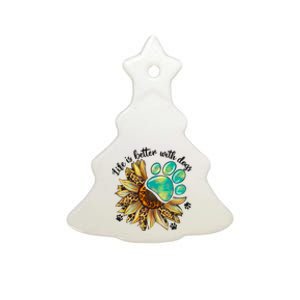 Life Is Better With Dogs’ Sublimation Featuring Dog Paws & Western Sunflowers Ceramic Tree Ornament