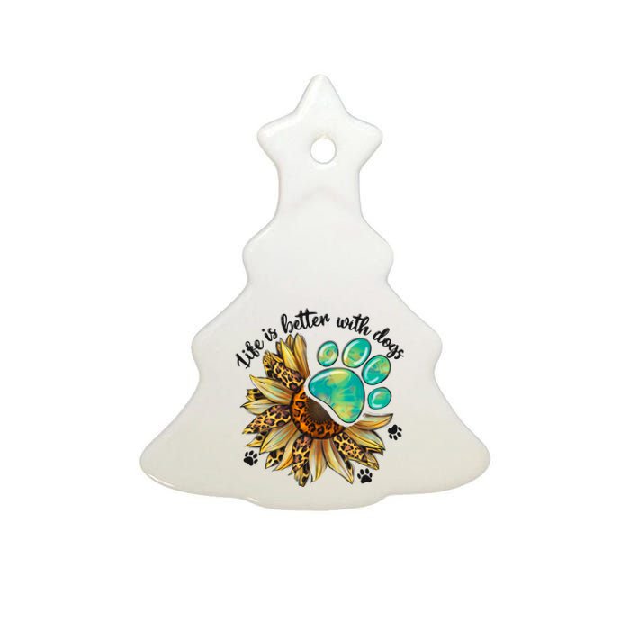 Life Is Better With Dogs’ Sublimation Featuring Dog Paws & Western Sunflowers Ceramic Tree Ornament