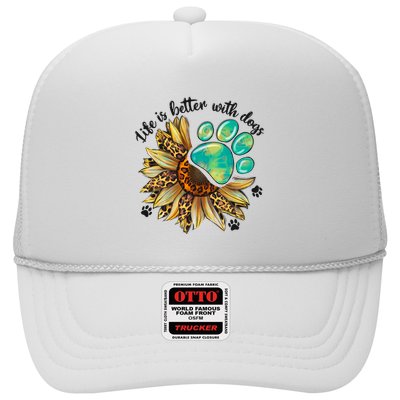 Life Is Better With Dogs’ Sublimation Featuring Dog Paws & Western Sunflowers Trucker Hat