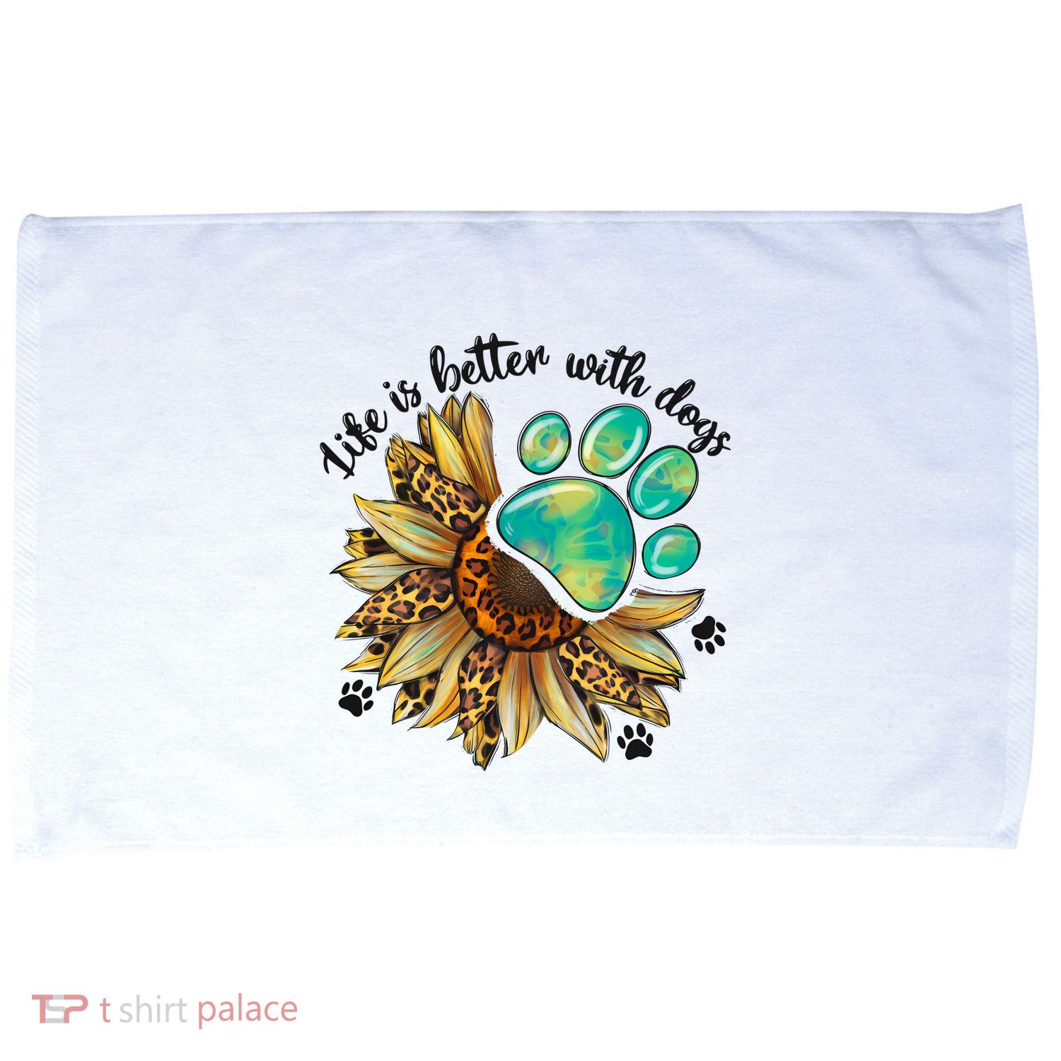Life Is Better With Dogs’ Sublimation Featuring Dog Paws & Western Sunflowers Microfiber Hand Towel