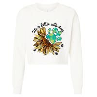 Life Is Better With Dogs’ Sublimation Featuring Dog Paws & Western Sunflowers Cropped Pullover Crew