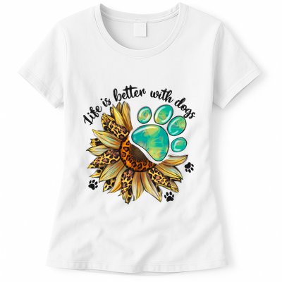 Life Is Better With Dogs’ Sublimation Featuring Dog Paws & Western Sunflowers Womens T-Shirt