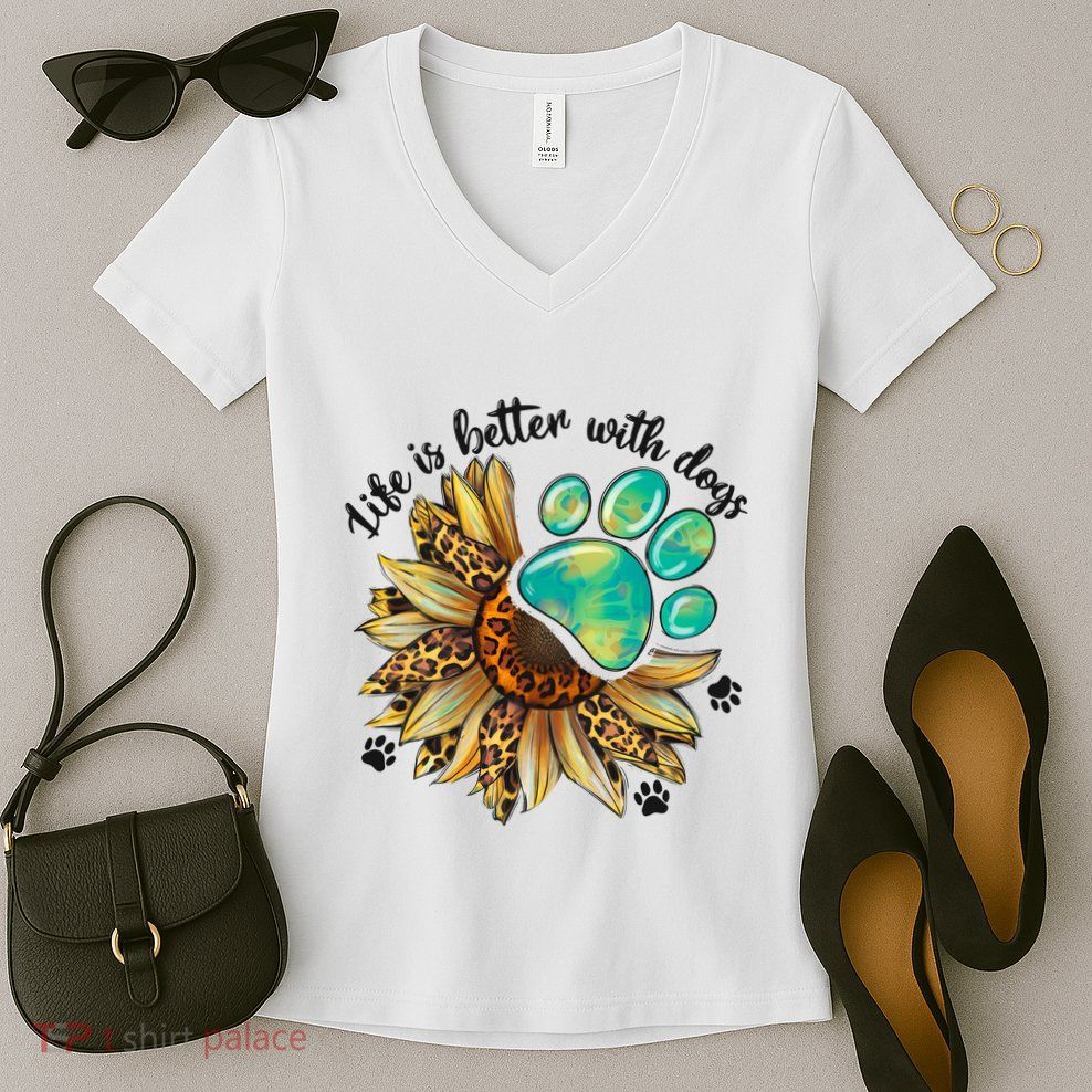 Life Is Better With Dogs’ Sublimation Featuring Dog Paws & Western Sunflowers Women's V-Neck T-Shirt