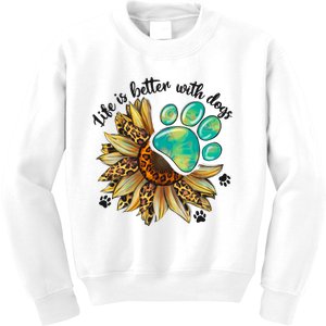 Life Is Better With Dogs’ Sublimation Featuring Dog Paws & Western Sunflowers Kids Sweatshirt