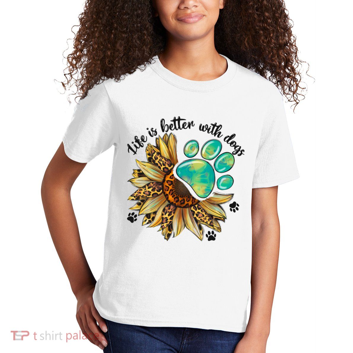 Life Is Better With Dogs’ Sublimation Featuring Dog Paws & Western Sunflowers Kids T-Shirt