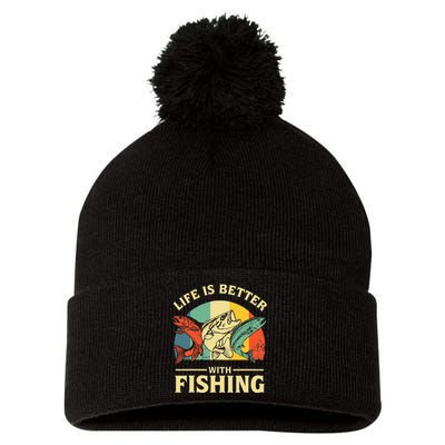 Life Is Better With Fishing Father Day Lover Pom Pom 12in Knit Beanie