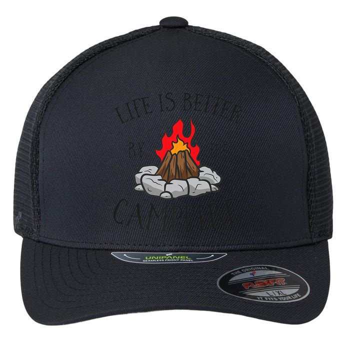 Life Is Better By The Campfire Scouts Camping Campfire Flexfit Unipanel Trucker Cap