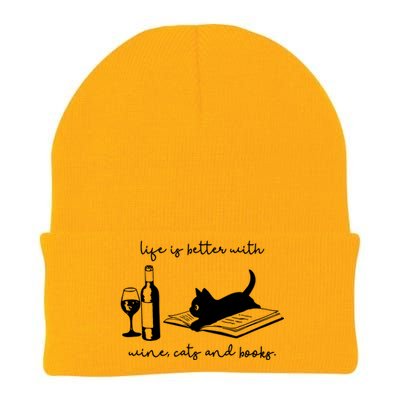 Life Is Better With Wine Cats And Books Black Cat Funny Cute Gift Knit Cap Winter Beanie