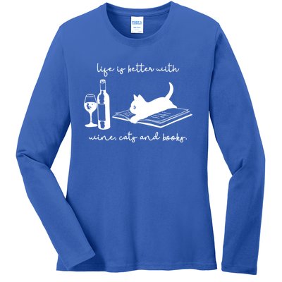 Life Is Better With Wine Cats And Books Black Cat Funny Cute Gift Ladies Long Sleeve Shirt