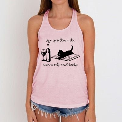 Life Is Better With Wine Cats And Books Black Cat Funny Cute Gift Women's Knotted Racerback Tank