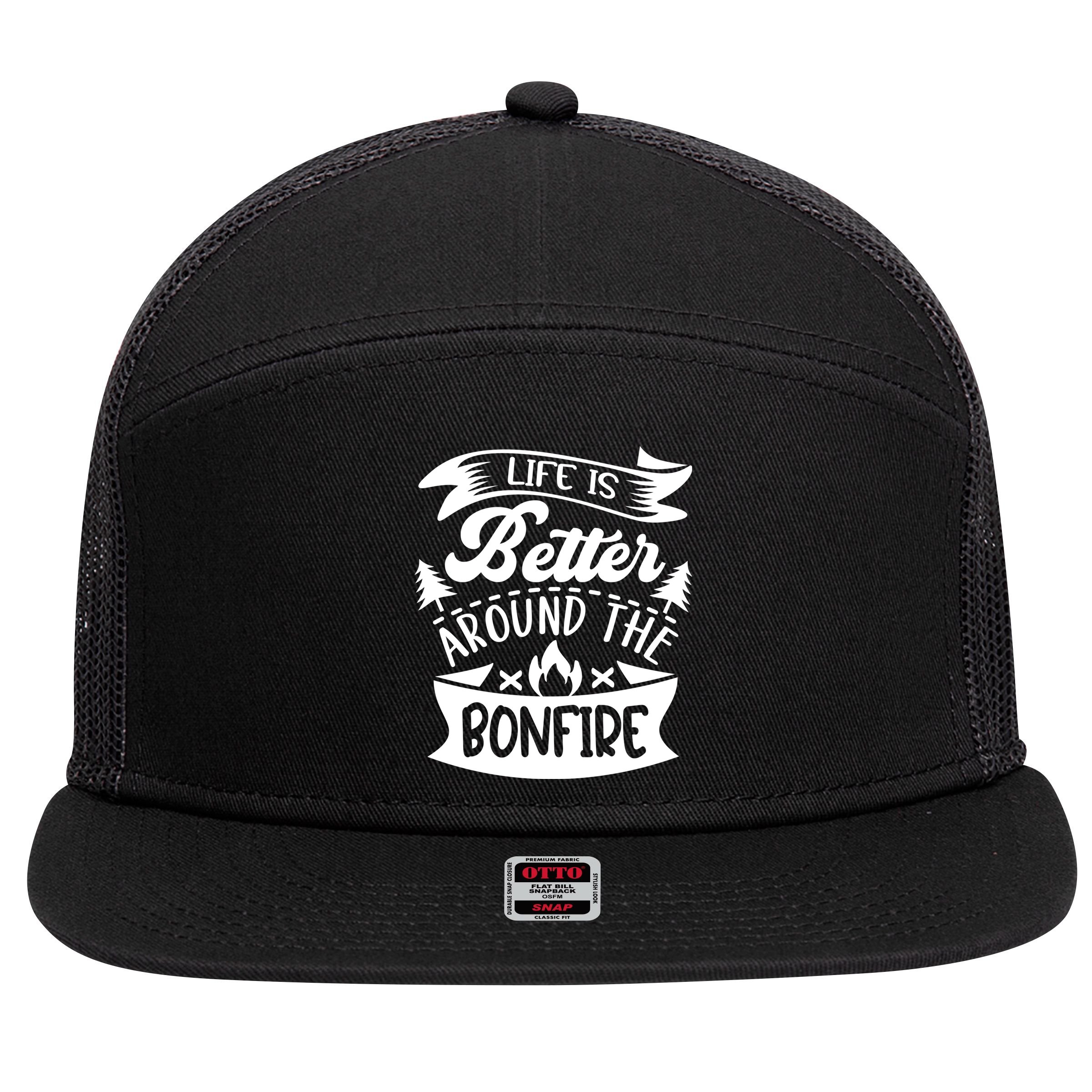 Life Is Better Behind The Bonfire Funny Camping 7 Panel Mesh Trucker Snapback Hat