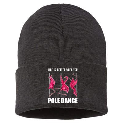 Life Is Better When You Pole Dance Funny Pole Dancing Flamingo Sustainable Knit Beanie
