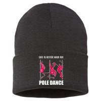 Life Is Better When You Pole Dance Funny Pole Dancing Flamingo Sustainable Knit Beanie