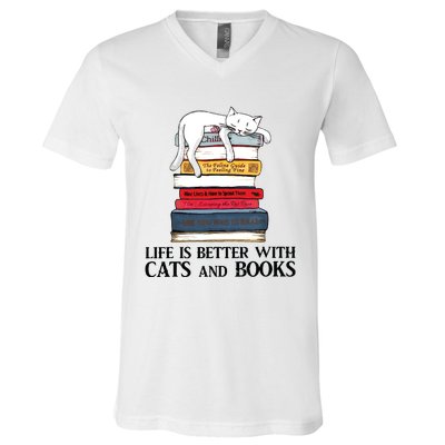 Life Is Better With Cats And Books Cat Book V-Neck T-Shirt