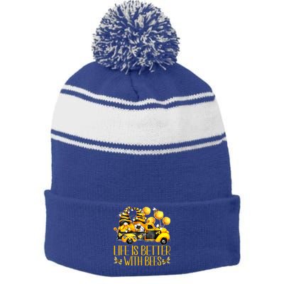 Life Is Better With Bees For Beekeeper Honey Bee Gnome Cute Gift Stripe Pom Pom Beanie