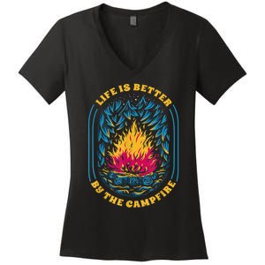 Life Is Better By The Campfire Funny Camper Nature Camping Women's V-Neck T-Shirt