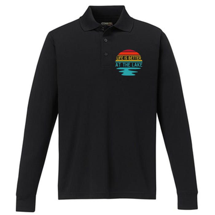 Life Is Better At He Lake Life Bum Lake Lover Pontoon Performance Long Sleeve Polo