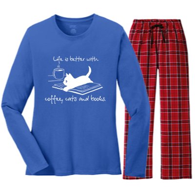 Life Is Better With Books Cats And Coffee Gift Women's Long Sleeve Flannel Pajama Set 