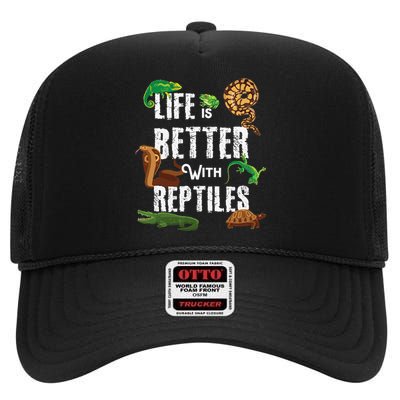 Life Is Better With Reptiles Lizard Reptile Pet Lover High Crown Mesh Back Trucker Hat