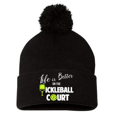 Life Is Better Pickleball Court Pickleball Player Pom Pom 12in Knit Beanie