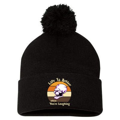 Life Is Better When Your Laughing Retro Skull Pom Pom 12in Knit Beanie