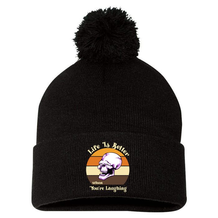 Life Is Better When Your Laughing Retro Skull Pom Pom 12in Knit Beanie