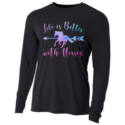 LIFE IS BETTER WITH HORSES Equestrian Rider Vintage Graphic Cooling Performance Long Sleeve Crew