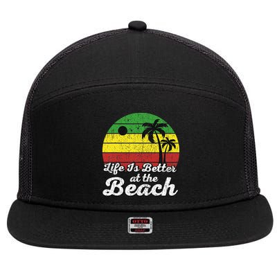 Life Is Better At The Beach Vintage Palm Tree Beach Vacation 7 Panel Mesh Trucker Snapback Hat