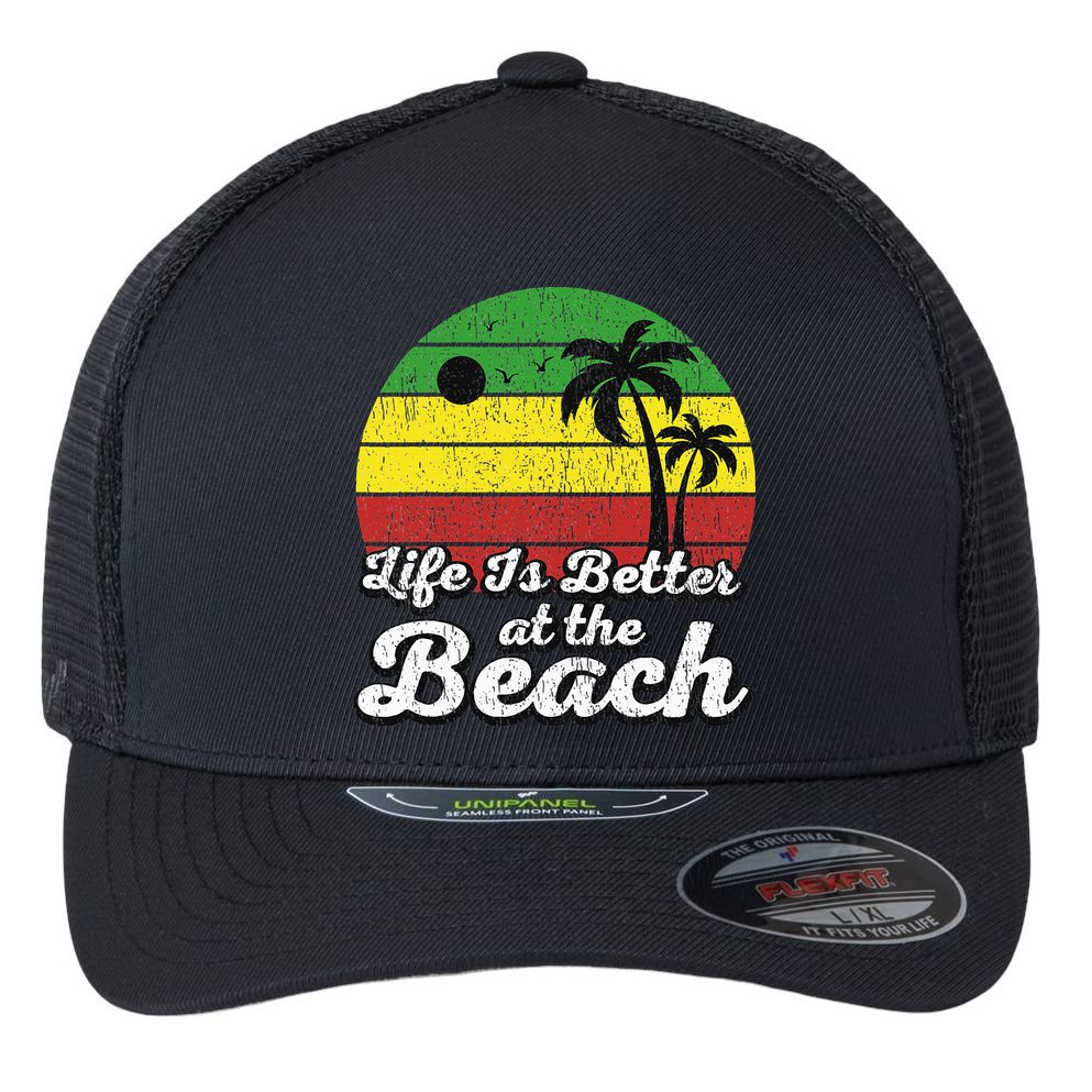 Life Is Better At The Beach Vintage Palm Tree Beach Vacation Flexfit Unipanel Trucker Cap