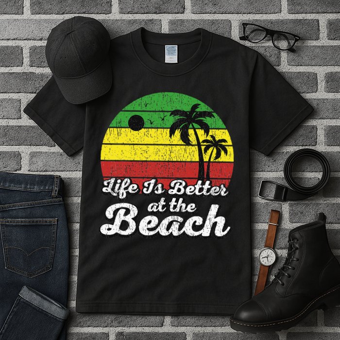 Life Is Better At The Beach Vintage Palm Tree Beach Vacation Tall T-Shirt