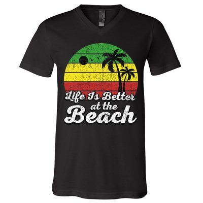 Life Is Better At The Beach Vintage Palm Tree Beach Vacation V-Neck T-Shirt