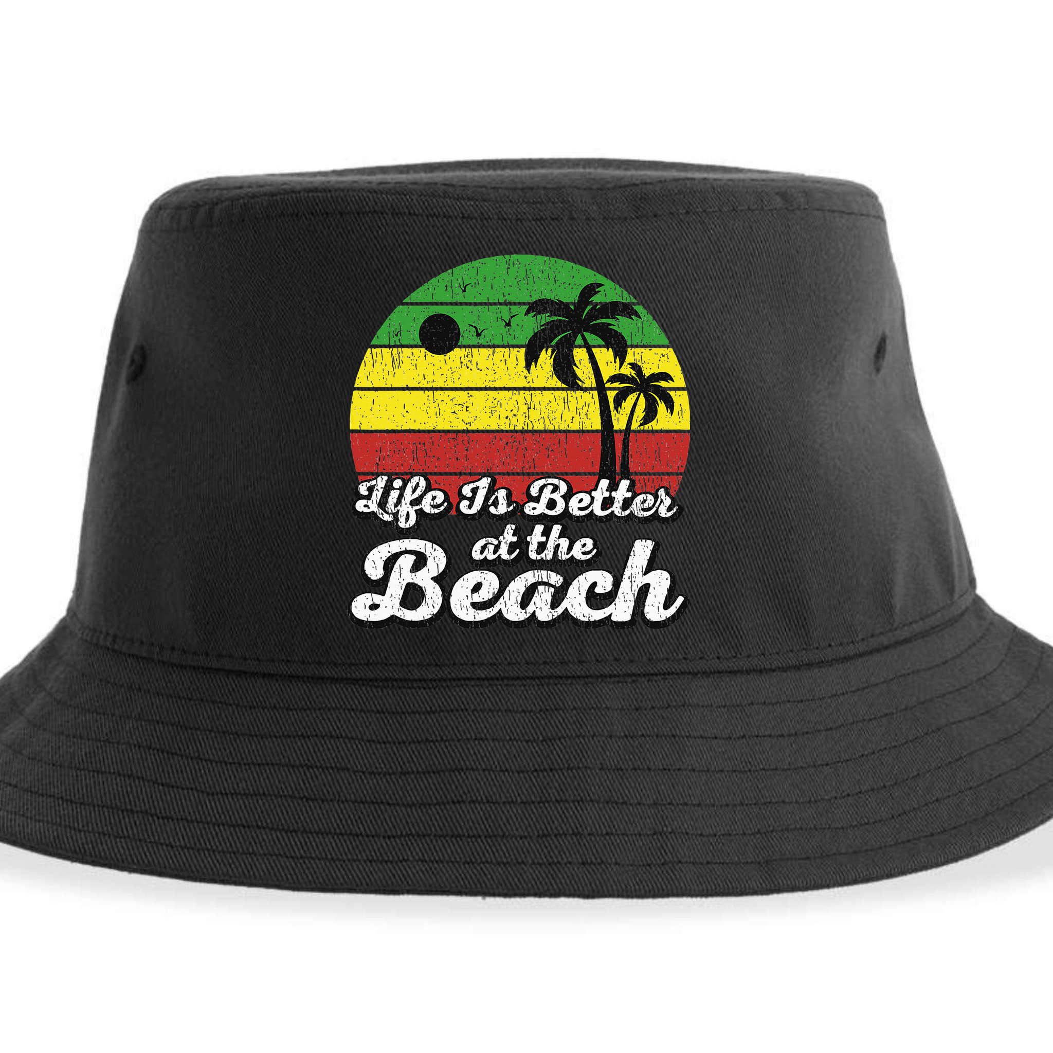 Life Is Better At The Beach Vintage Palm Tree Beach Vacation Sustainable Bucket Hat