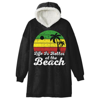 Life Is Better At The Beach Vintage Palm Tree Beach Vacation Hooded Wearable Blanket
