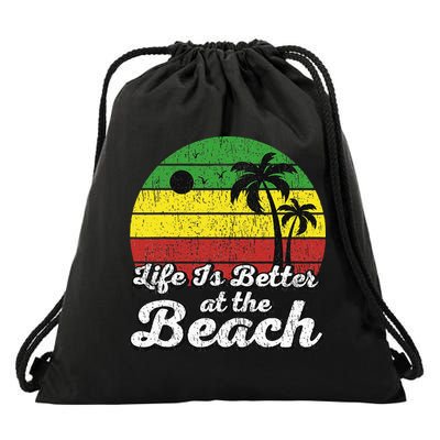 Life Is Better At The Beach Vintage Palm Tree Beach Vacation Drawstring Bag