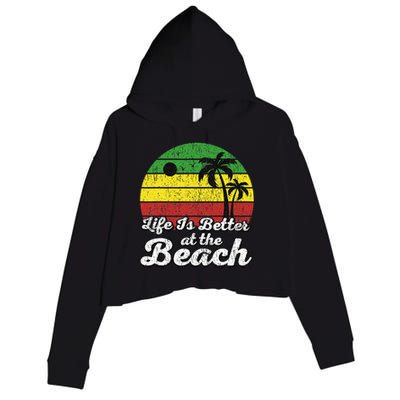 Life Is Better At The Beach Vintage Palm Tree Beach Vacation Crop Fleece Hoodie