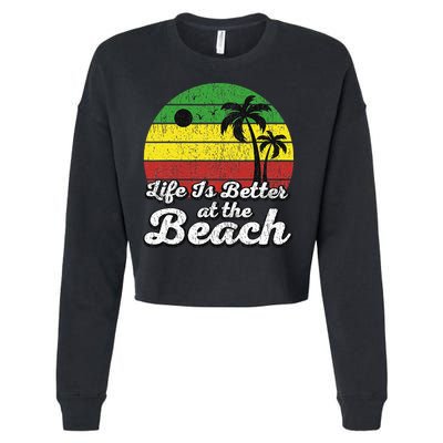 Life Is Better At The Beach Vintage Palm Tree Beach Vacation Cropped Pullover Crew