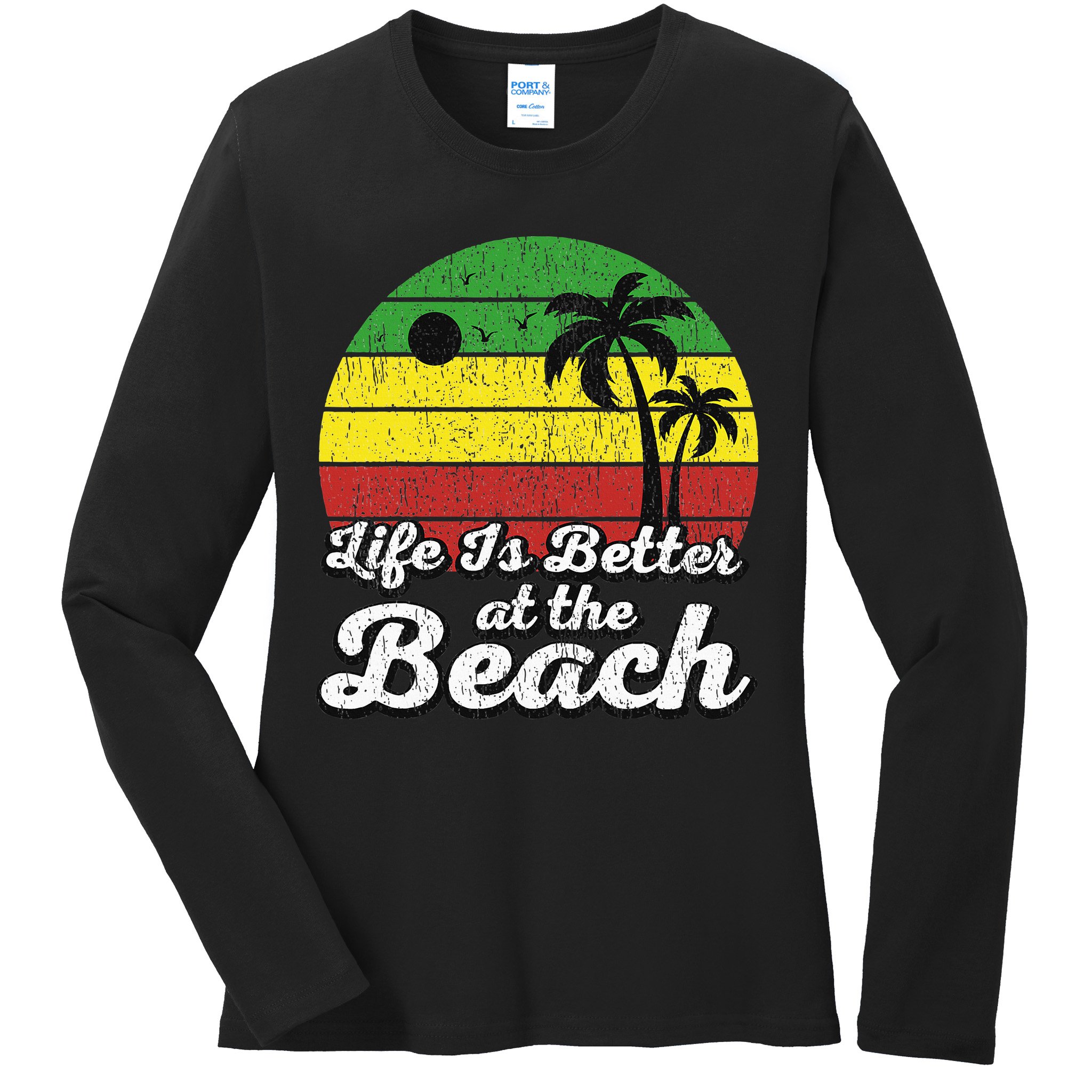 Life Is Better At The Beach Vintage Palm Tree Beach Vacation Ladies Long Sleeve Shirt