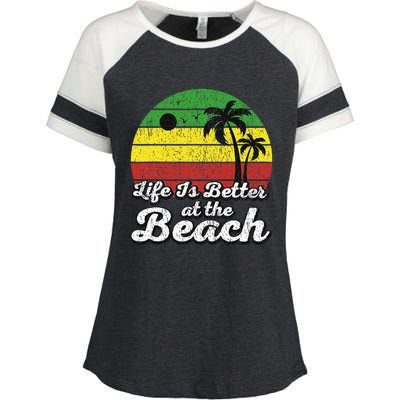 Life Is Better At The Beach Vintage Palm Tree Beach Vacation Enza Ladies Jersey Colorblock Tee