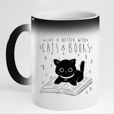 Life is better with Cats & Books Lover Book Nerd Librarian 11oz Black Color Changing Mug