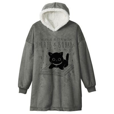 Life is better with Cats & Books Lover Book Nerd Librarian Hooded Wearable Blanket