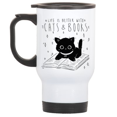 Life is better with Cats & Books Lover Book Nerd Librarian Stainless Steel Travel Mug